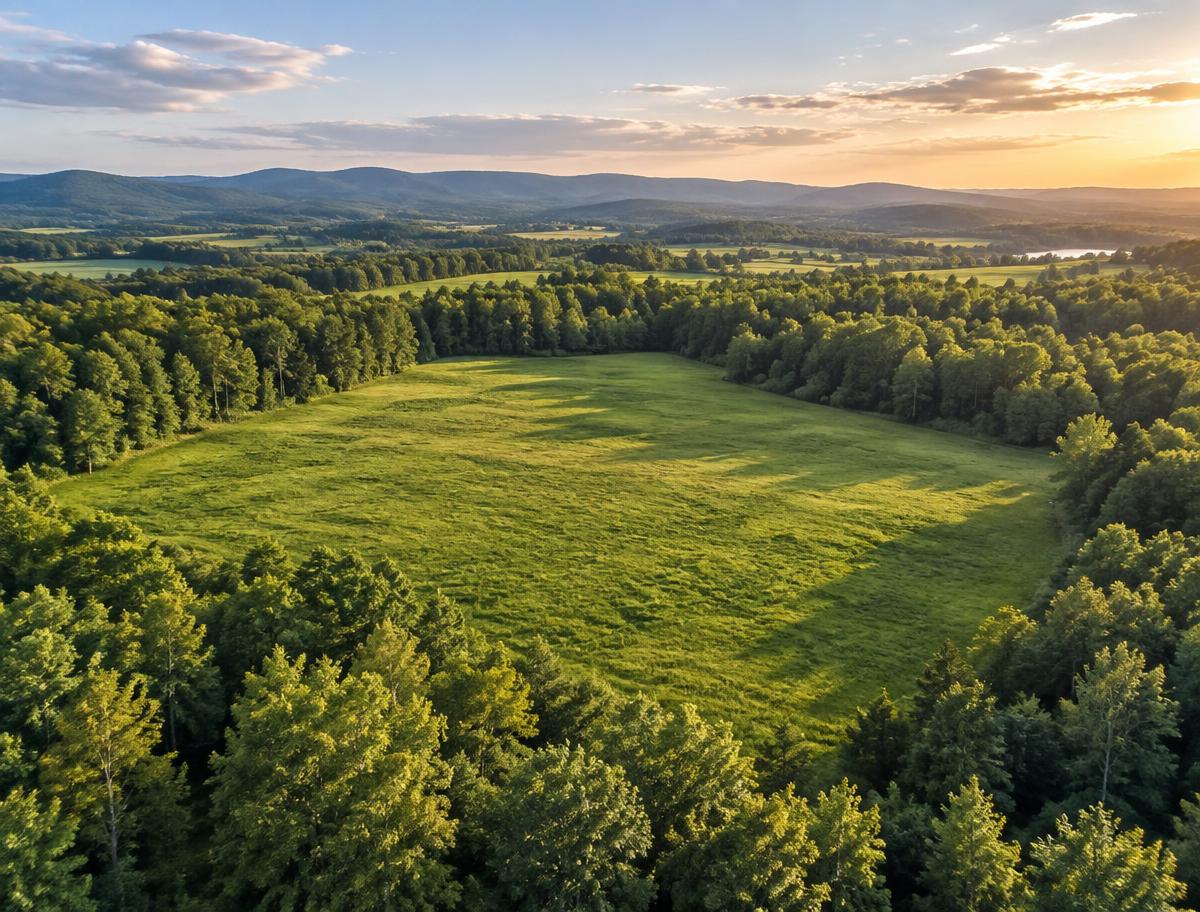 Aerial view of open acreage surrounded by trees