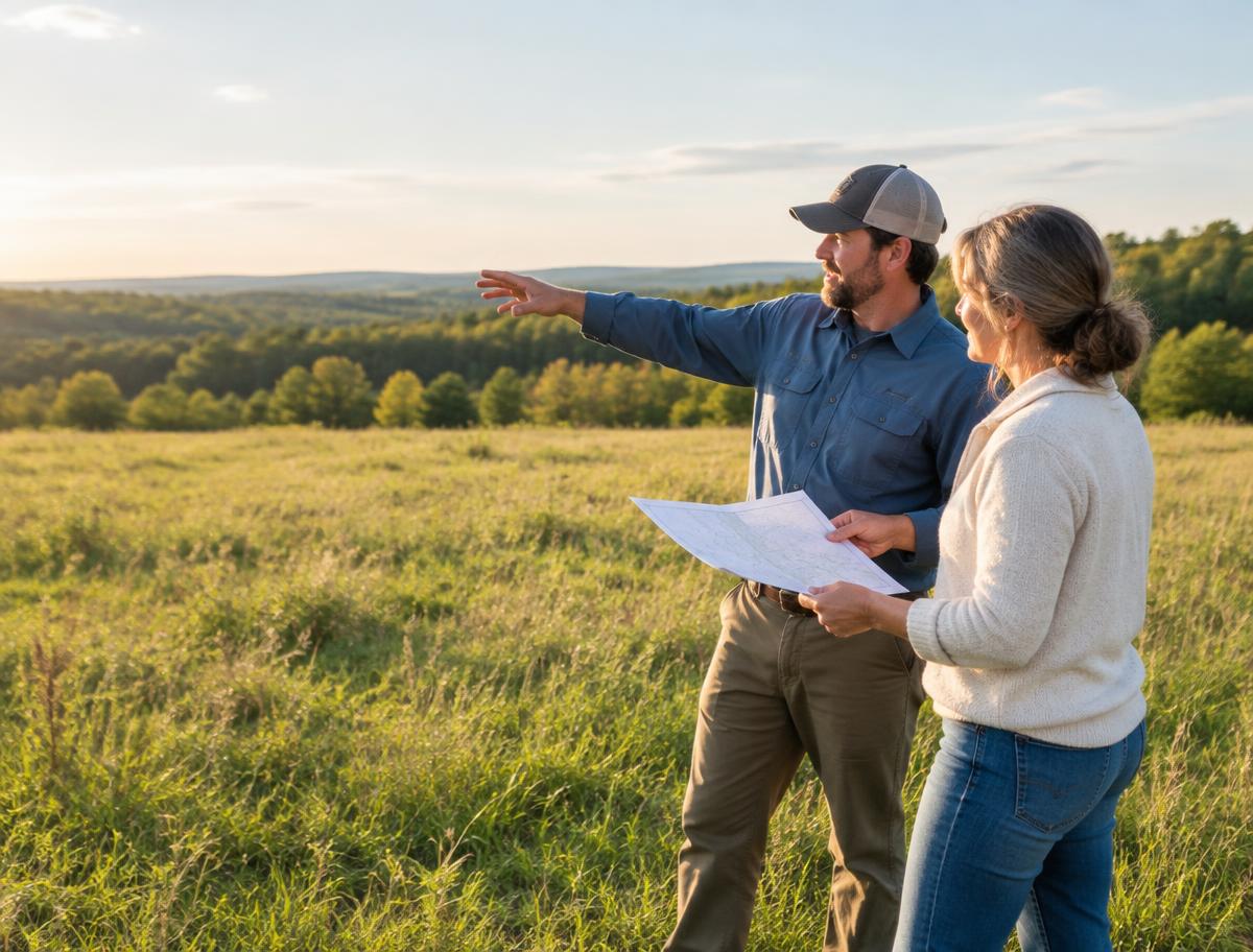 A land specialist reviewing a vacant property with a landowner