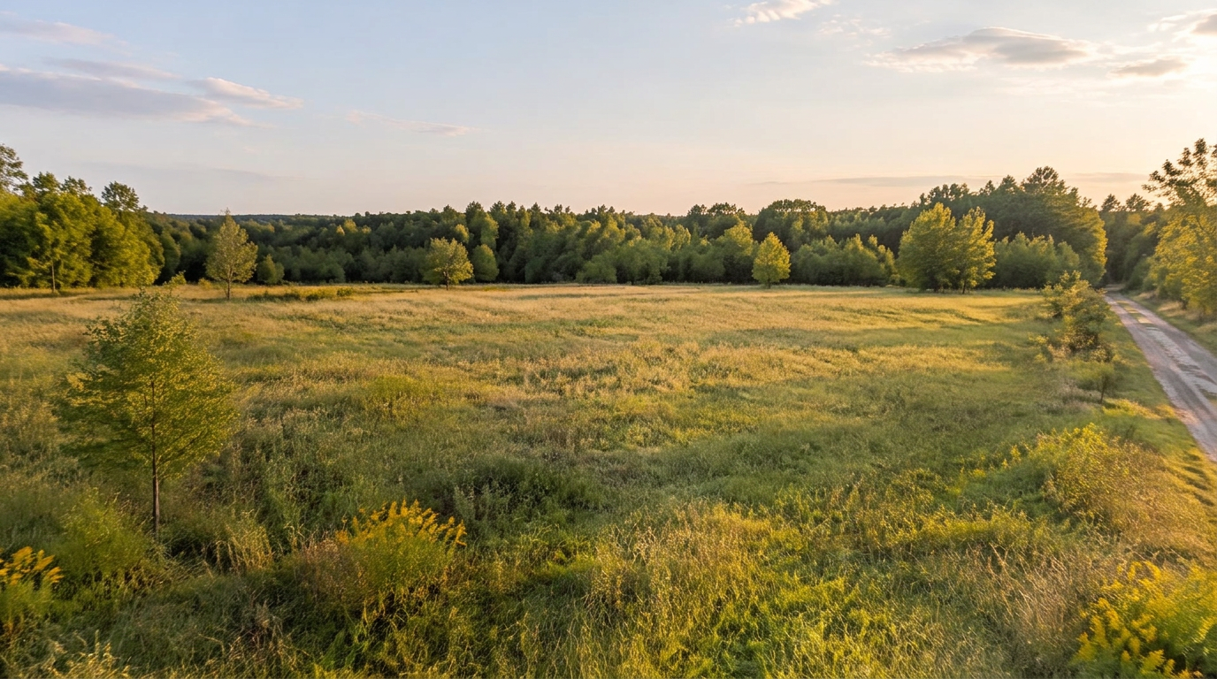 Level vacant parcel with open grassland and a distant tree line